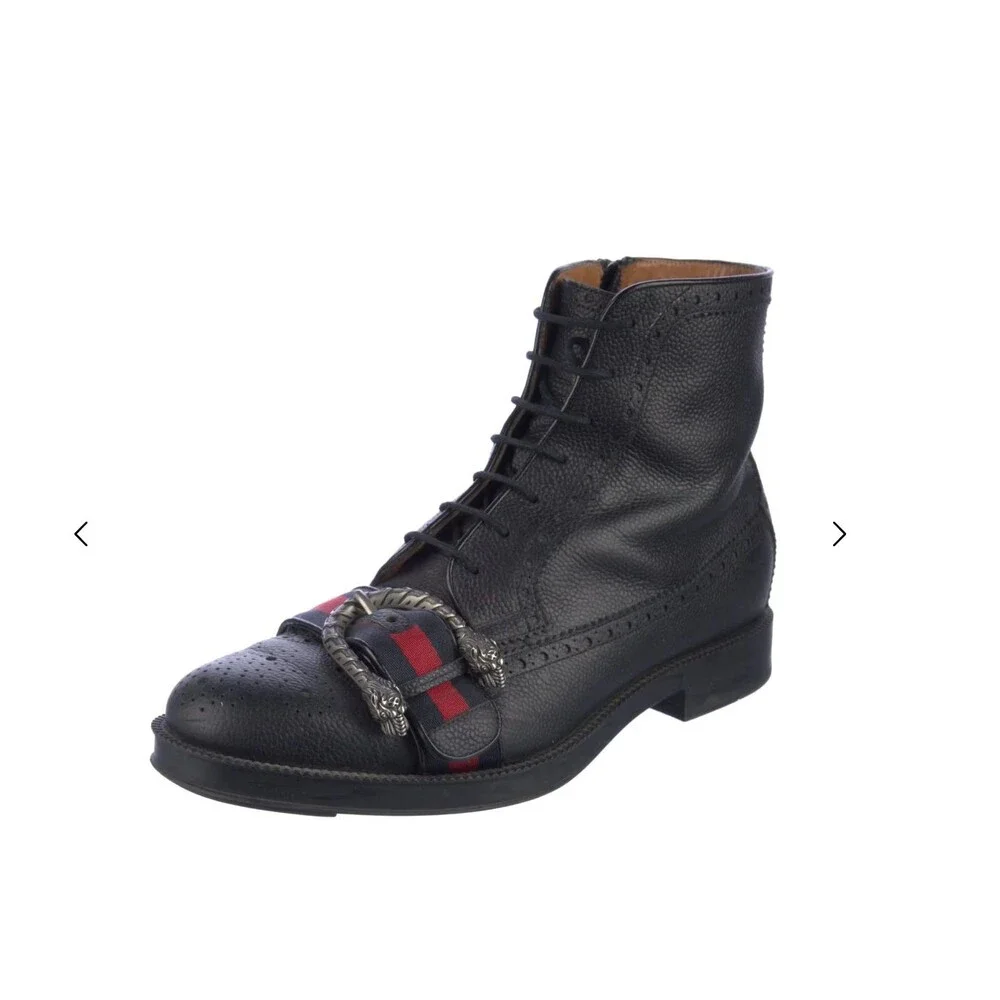 Authentic Gucci Men's Dionysus Horsebit Leather Lace-Up Brogue Combat Boots 7.5